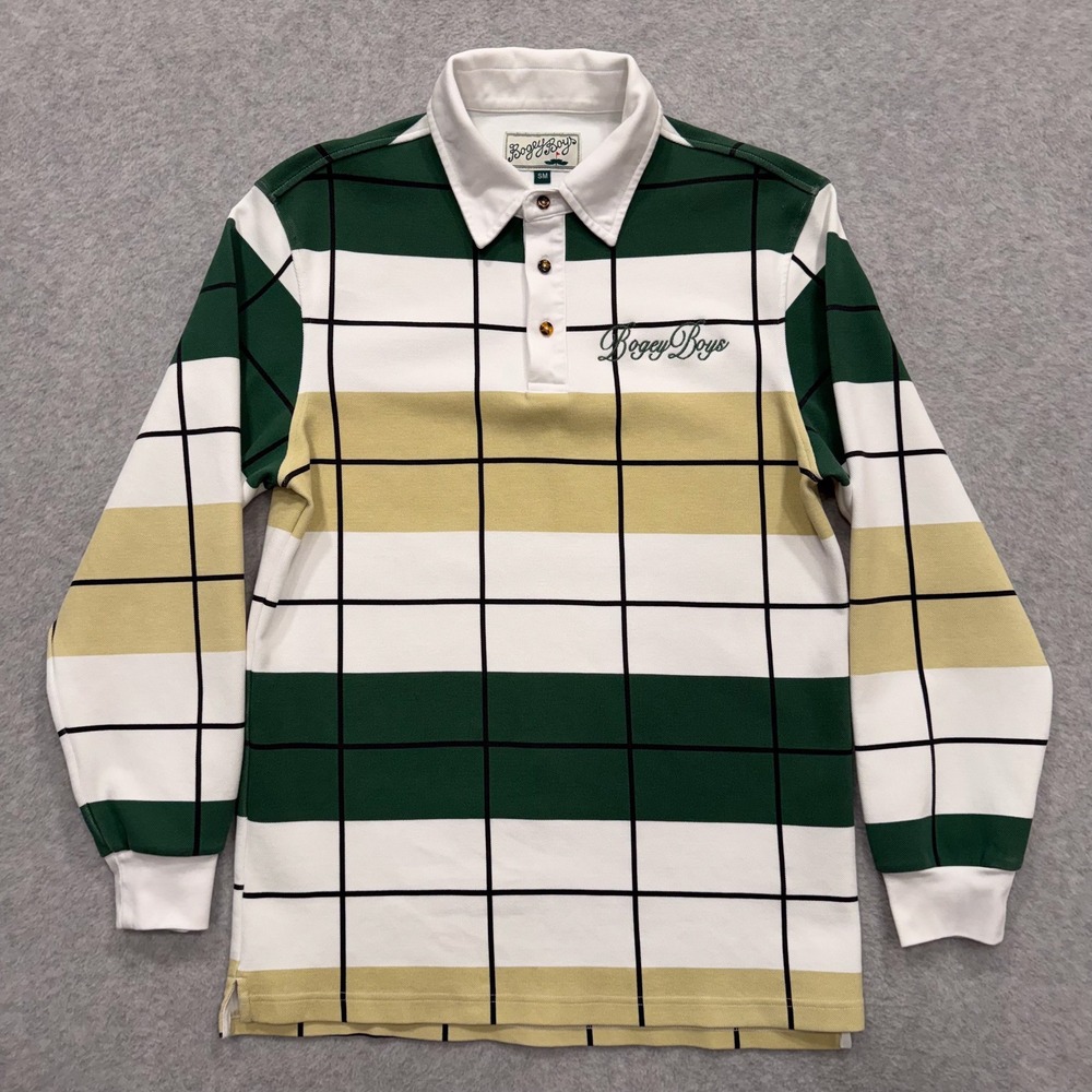 Bogey Boys Shirt Mens S Green Check Long Sleeve Polo Spell Out